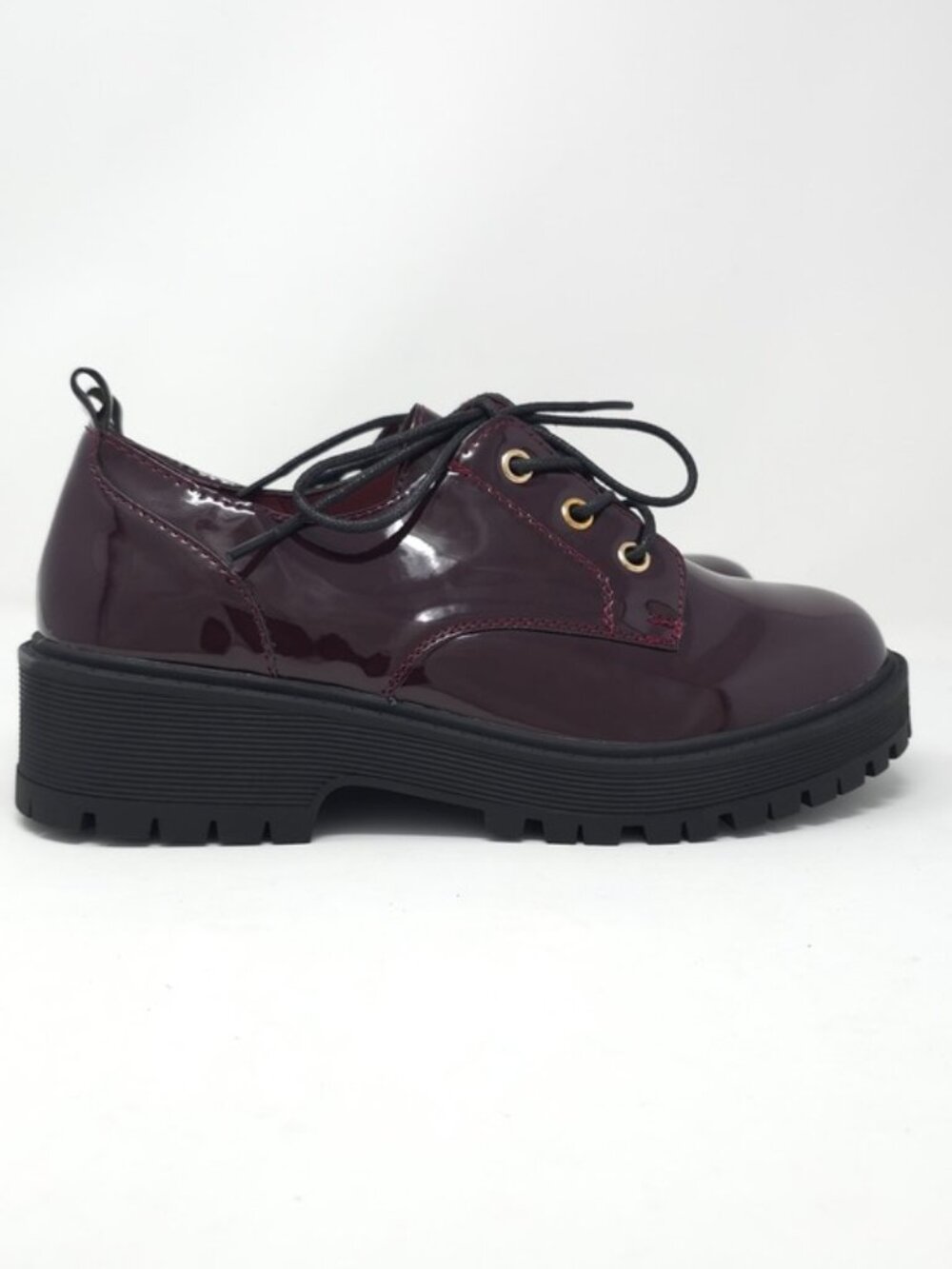 Chunky Platform Faux Leather Oxford Patent Wine Lug Sole Lace Up - Picture 4 of 11